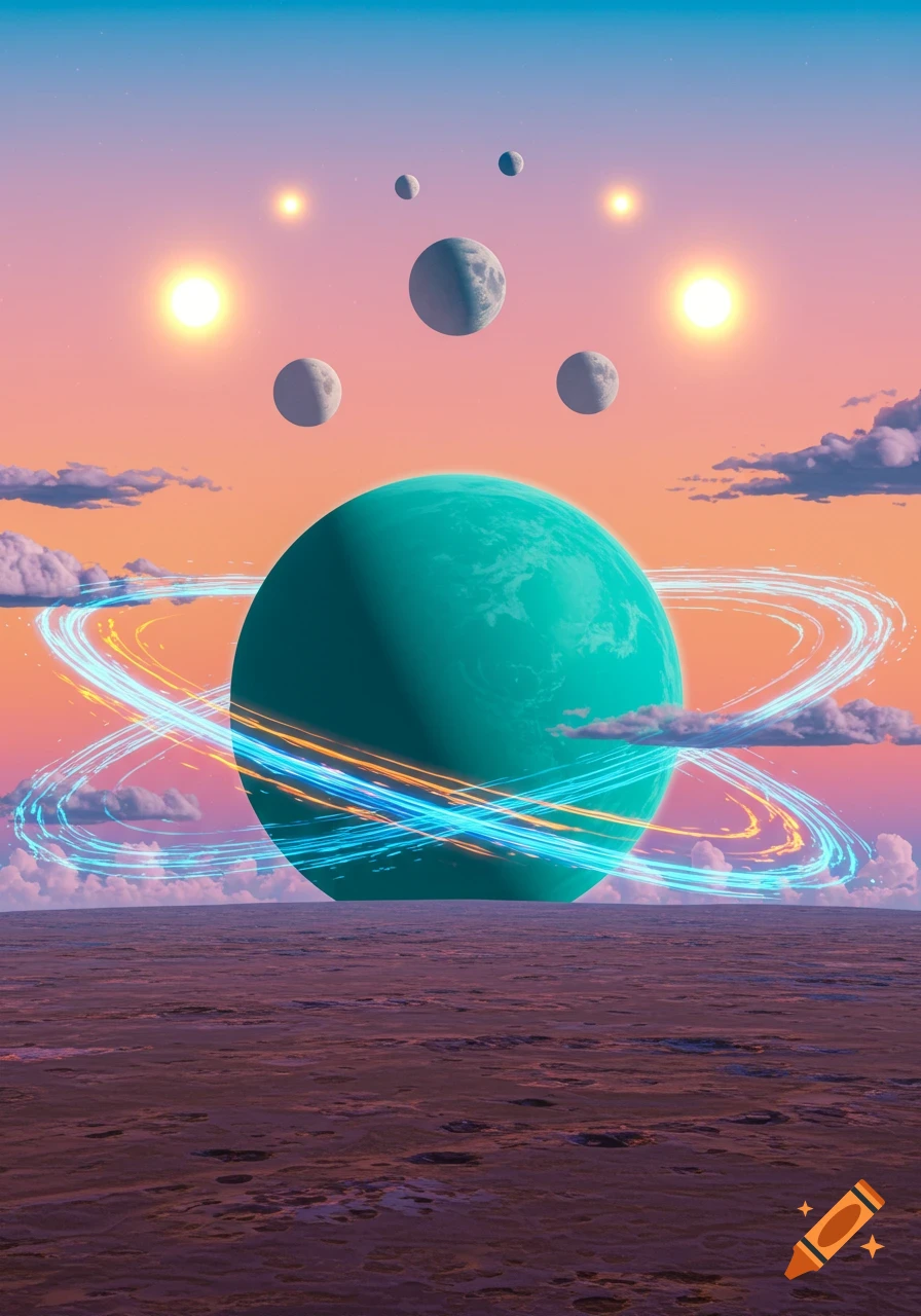 A teal planet with glowing blue and orange rings sits on a textured purple ground under a vibrant pink and blue gradient sky with two suns and five moons.