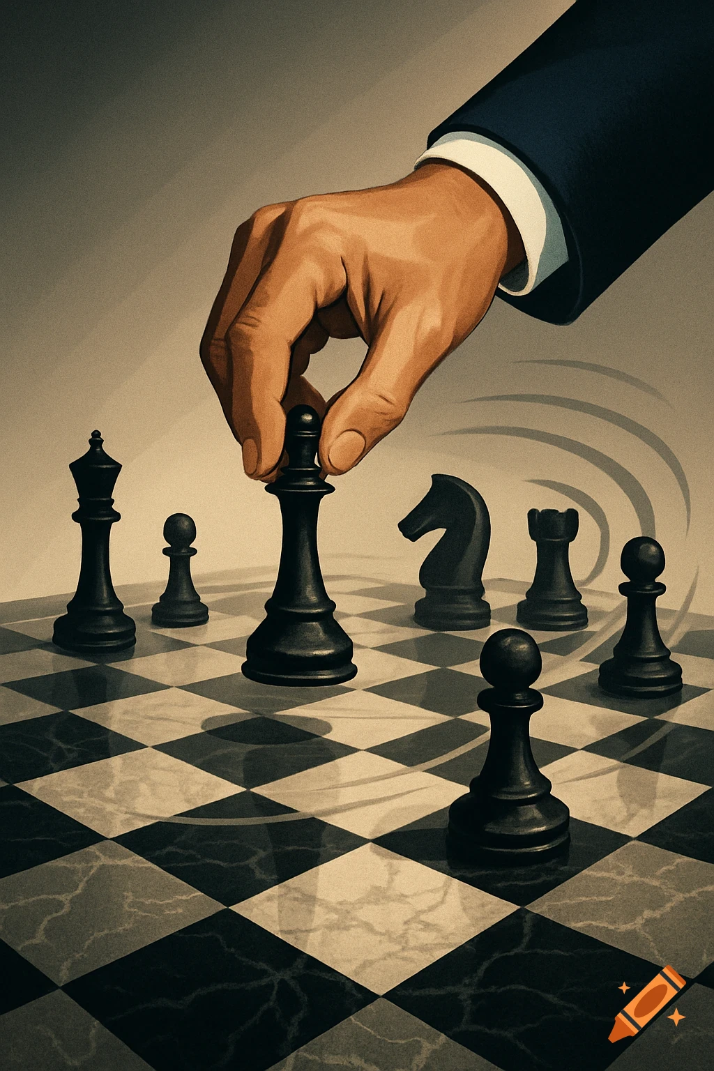 Stylized illustration of a hand in a suit sleeve moving a black pawn on a reflective chessboard, with other pieces visible.