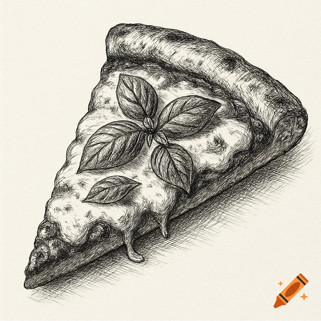 Black and white sketch of a slice of pizza topped with basil leaves and melted cheese.
