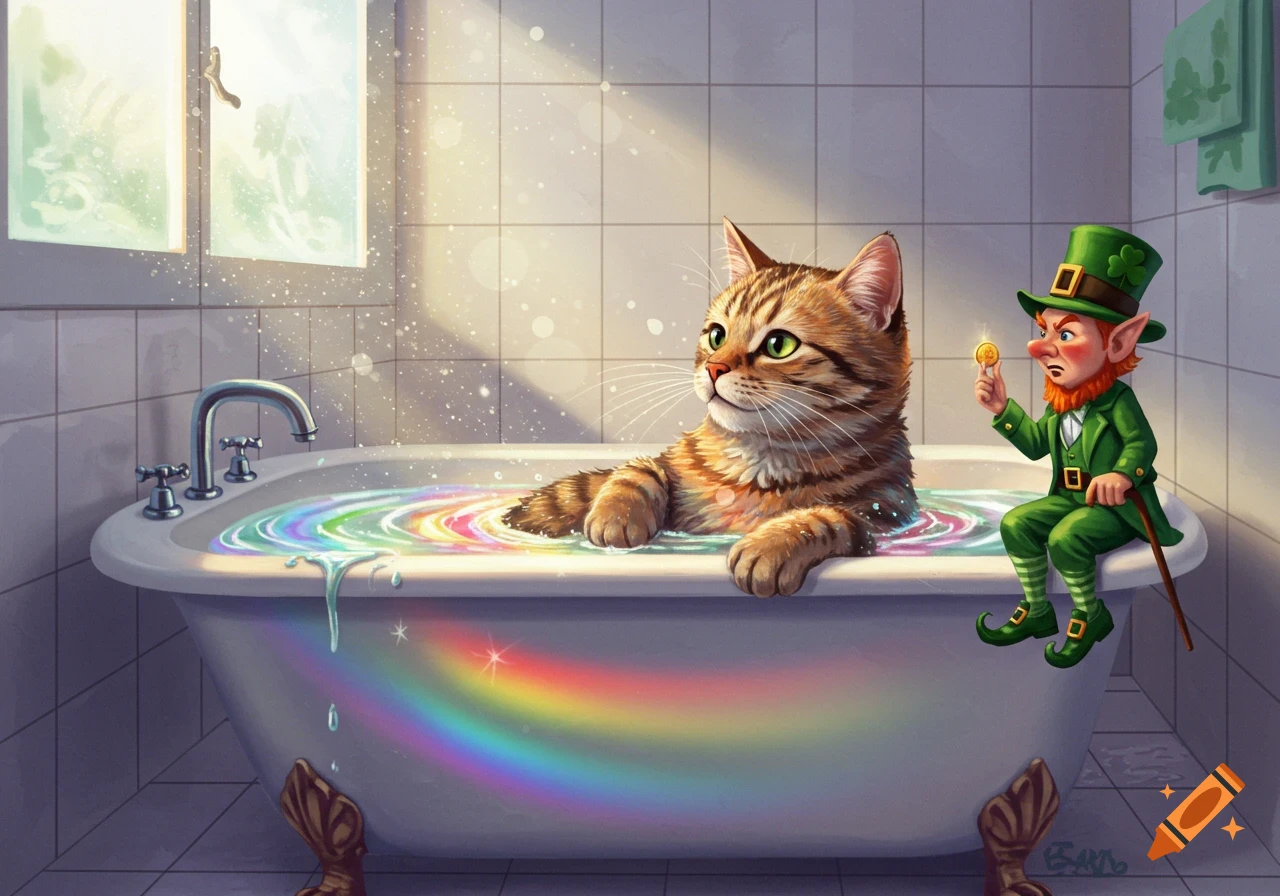 A cartoon cat bathes in a rainbow bathtub as an angry leprechaun sits on the edge, holding a gold coin.