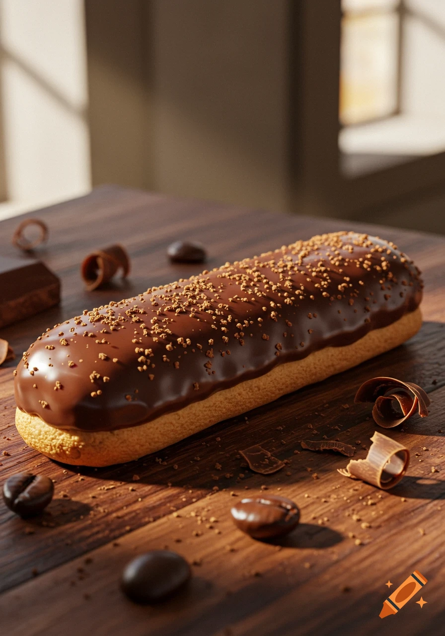 A close-up of a chocolate-coated ladyfinger cookie topped with coffee crumbs on a wooden table with coffee beans and chocolate shavings, illuminated by sunlight.