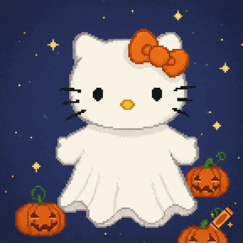 Pixel art of Hello Kitty wearing a white ghost sheet, surrounded by orange jack-o'-lantern pumpkins under a dark blue starry sky.