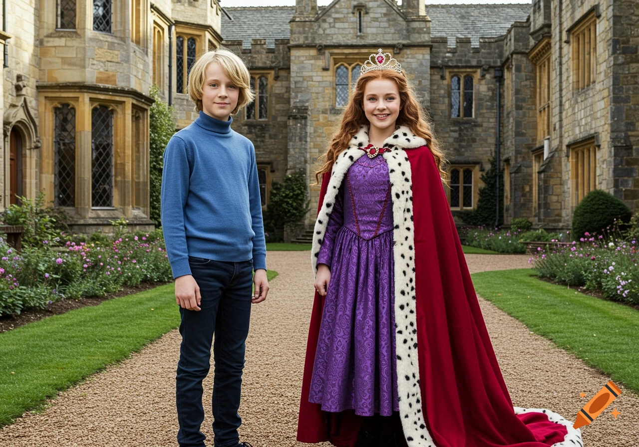 A blonde boy and a red-haired girl in a purple dress, tiara, and red fur-trimmed cloak stand smiling on a path in front of a grand stone castle.