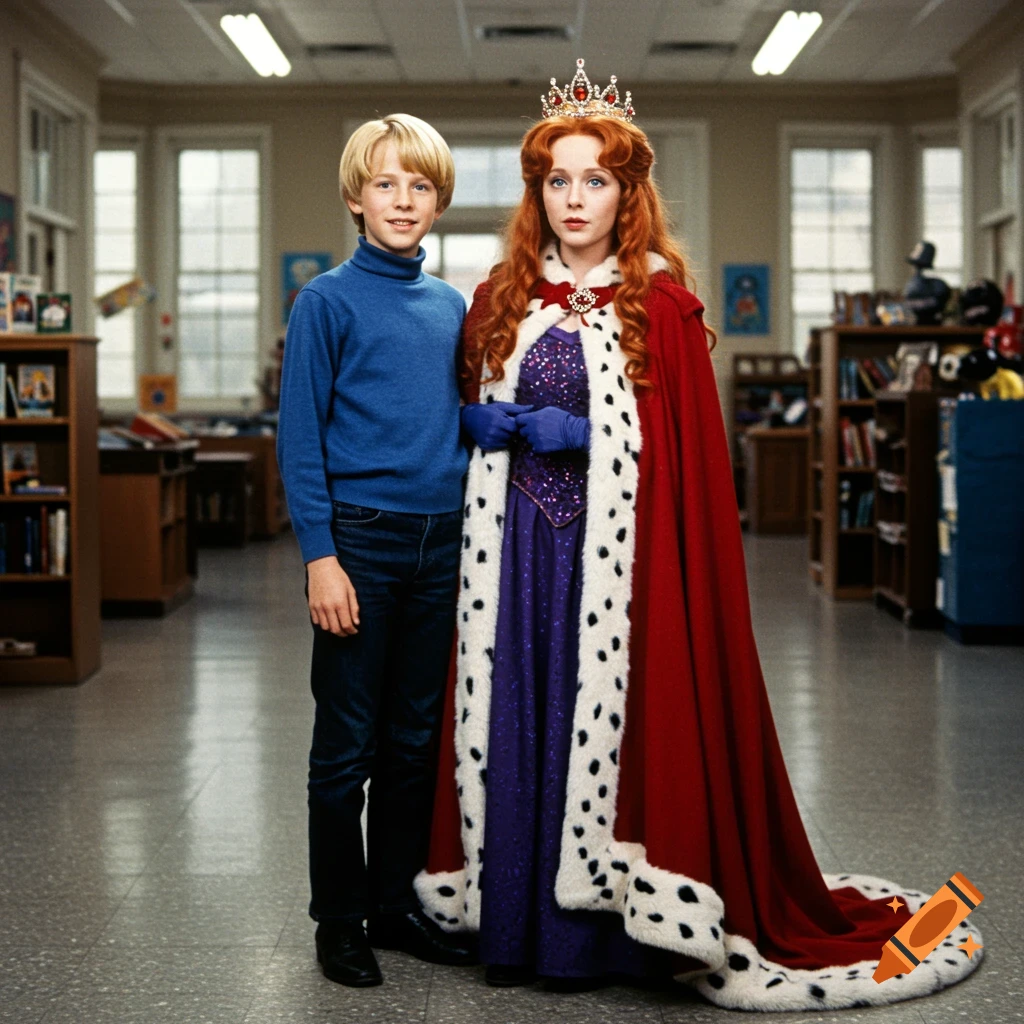 A boy in a blue turtleneck and jeans stands next to a woman dressed as a queen in a purple gown, red cloak, and crown, inside a school hallway.