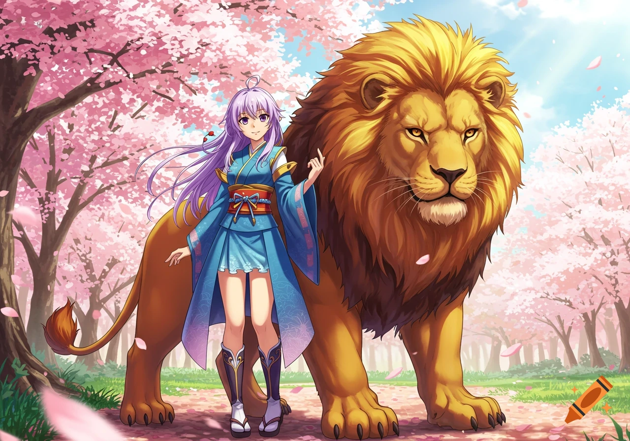 An anime girl with purple hair and a blue kimono stands next to a large lion in a vibrant cherry blossom forest.