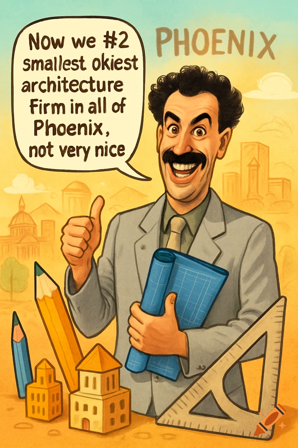 Cartoon of a Borat-like man giving a thumbs up, with a speech bubble about his architecture firm. Pencils, blueprints, and small buildings are around him.