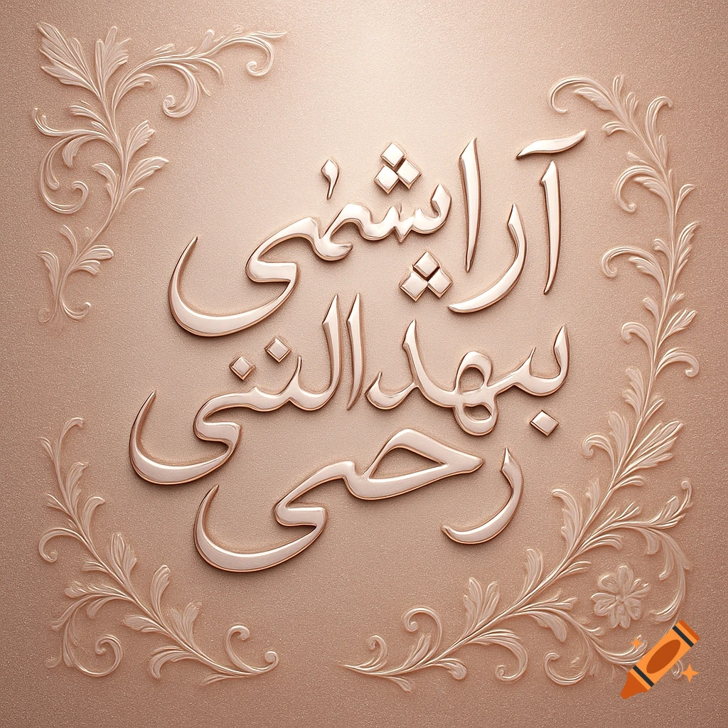 Embossed rose gold Persian calligraphy on a textured background, framed by subtle floral corner designs.