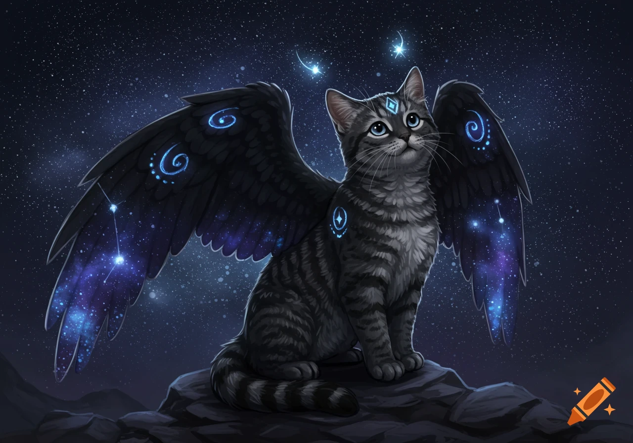 A grey tabby kitten with black, cosmic-patterned wings sits on rocks under a starry night sky, looking up.