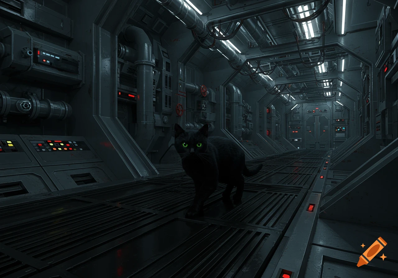 A black cat with glowing green eyes stands in a dark, futuristic spaceship corridor with metallic walls and glowing red and white lights.