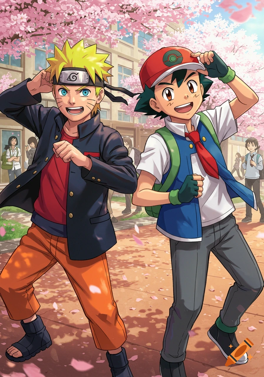 Naruto Uzumaki and Ash Ketchum stand smiling in school uniforms under cherry blossoms, in an anime style.