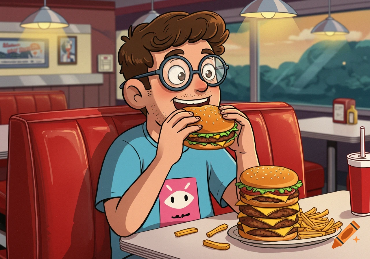 A cartoon man with glasses and a blue shirt enthusiastically eats a burger in a retro diner, with a towering multi-patty burger and fries on the table.