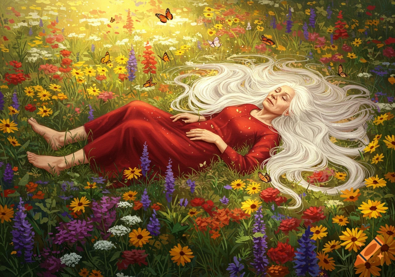 An old woman with long white hair in a red dress lies in a vibrant flower meadow with butterflies in a painterly style.