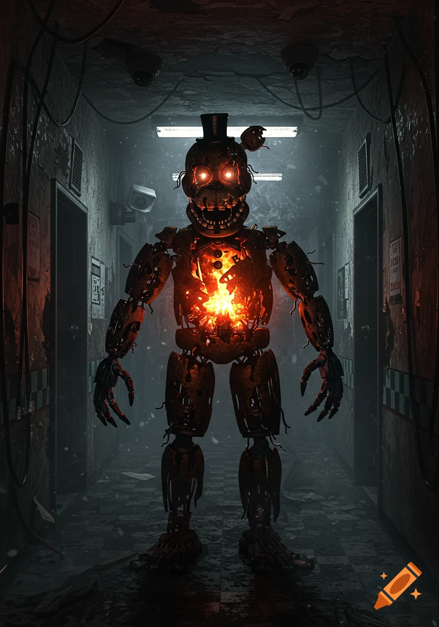 A decaying, fiery animatronic bear with glowing red eyes stands menacingly in a dark, grimy industrial hallway.