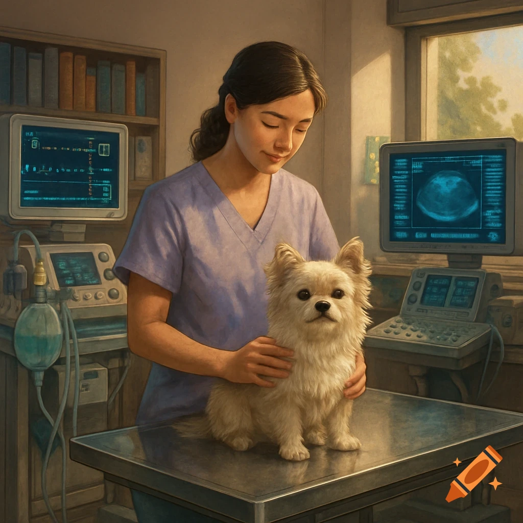 A smiling vet technician gently holds a fluffy white dog on an examination table in a veterinary clinic with medical equipment in the background.