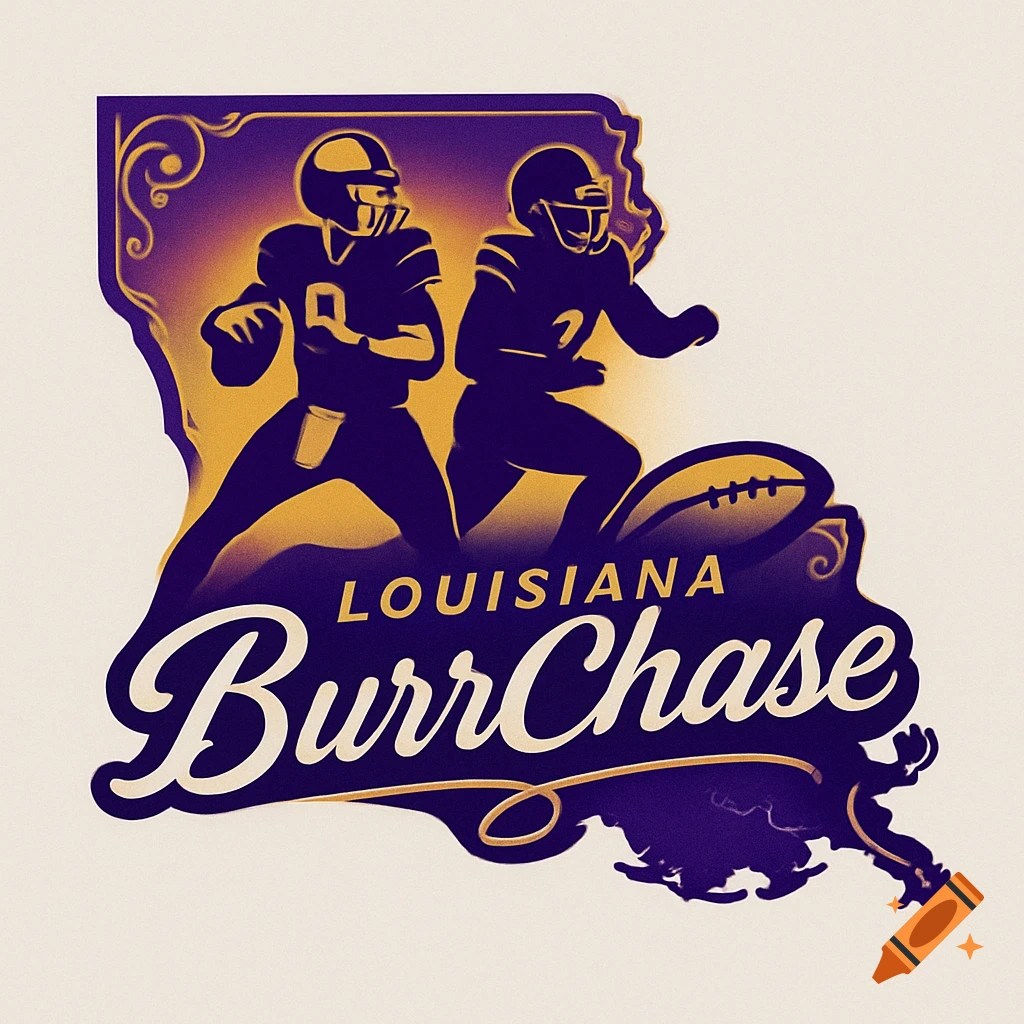 Stylized logo in the shape of Louisiana with two football player silhouettes and the text 'Louisiana BurrChase'.