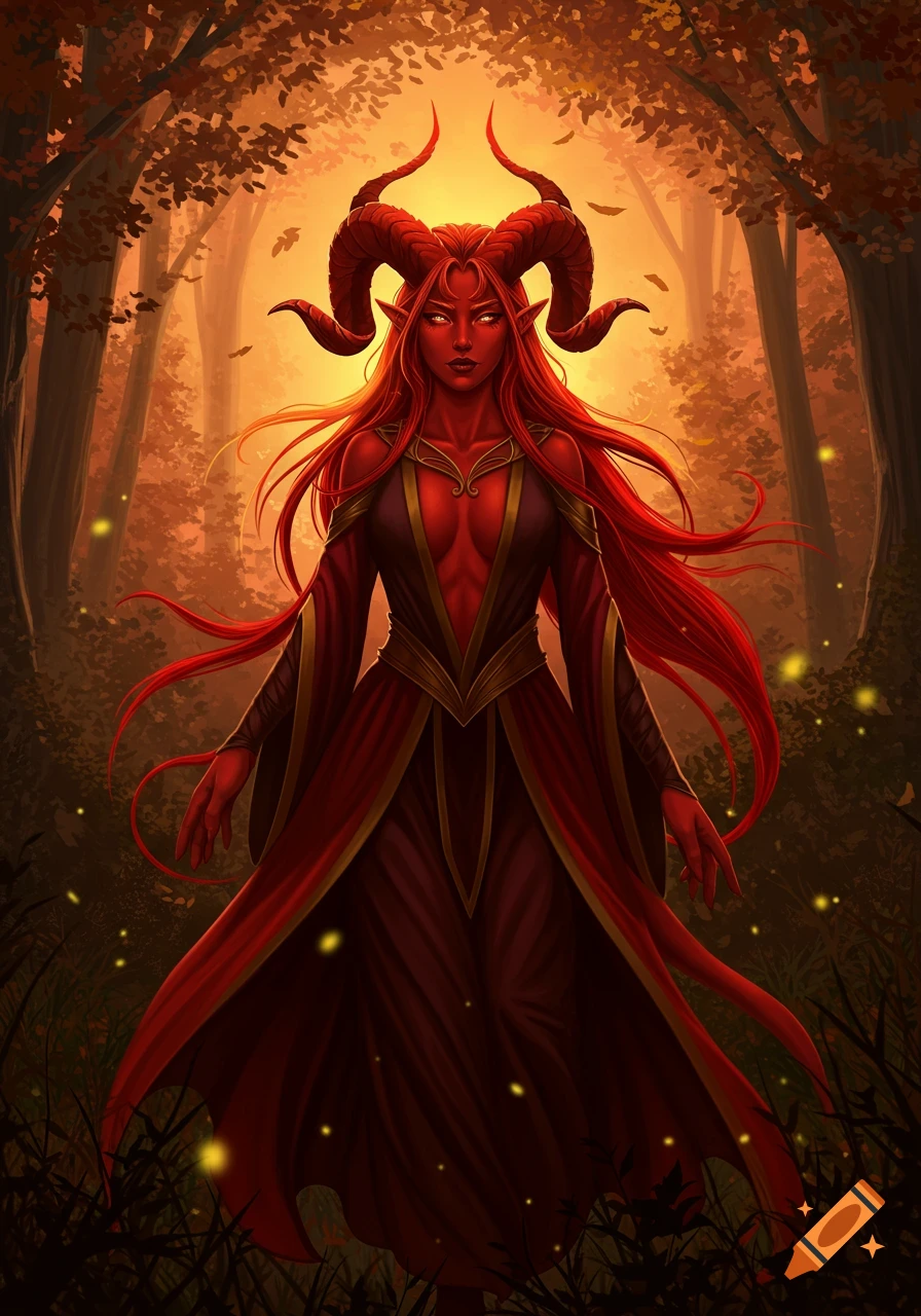 Illustration of a red-skinned Tiefling woman with large horns standing in a magical, orange-lit forest.