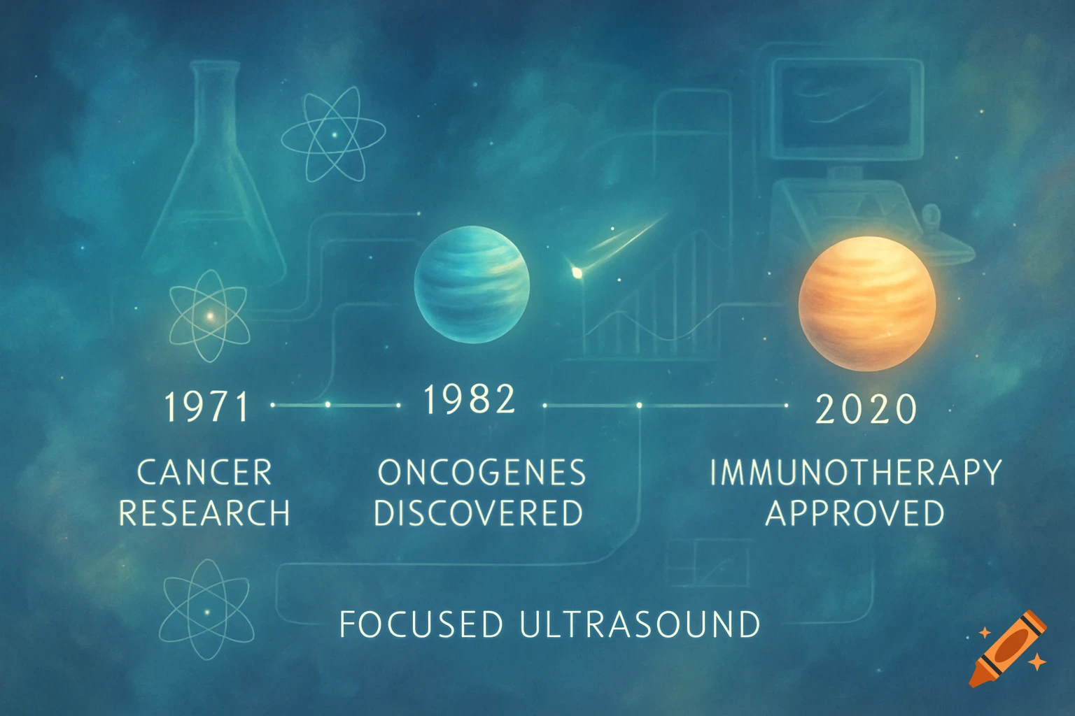 A whimsical scientific timeline on a cosmic background, detailing cancer research milestones with dates and space-themed elements.