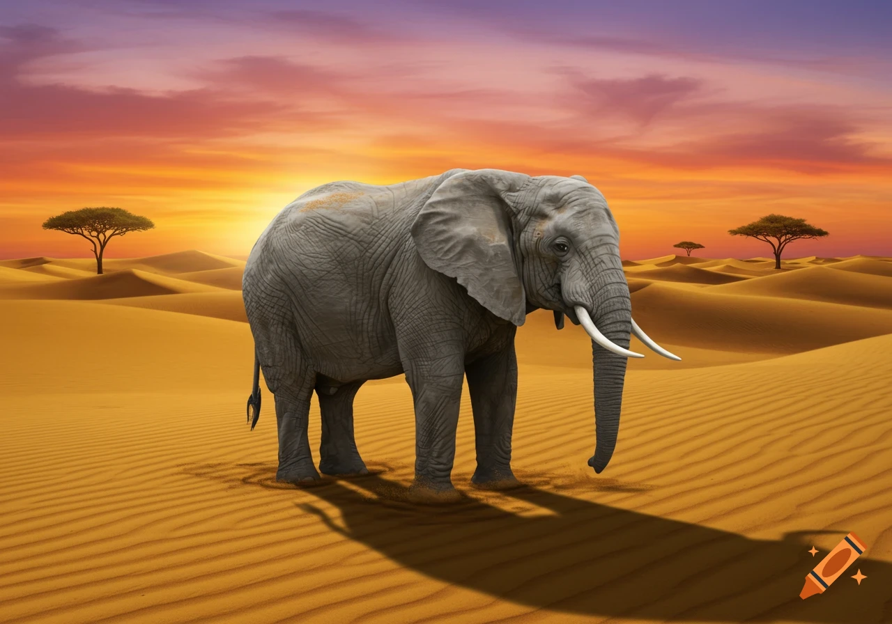 A majestic elephant stands alone in a vast desert landscape with rolling sand dunes under a vibrant orange and purple sunset sky.