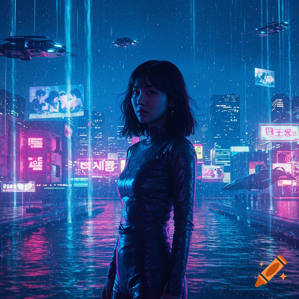 A woman in a dark, sleek suit stands in a neon-lit cyberpunk city at night with flying vehicles and rain.