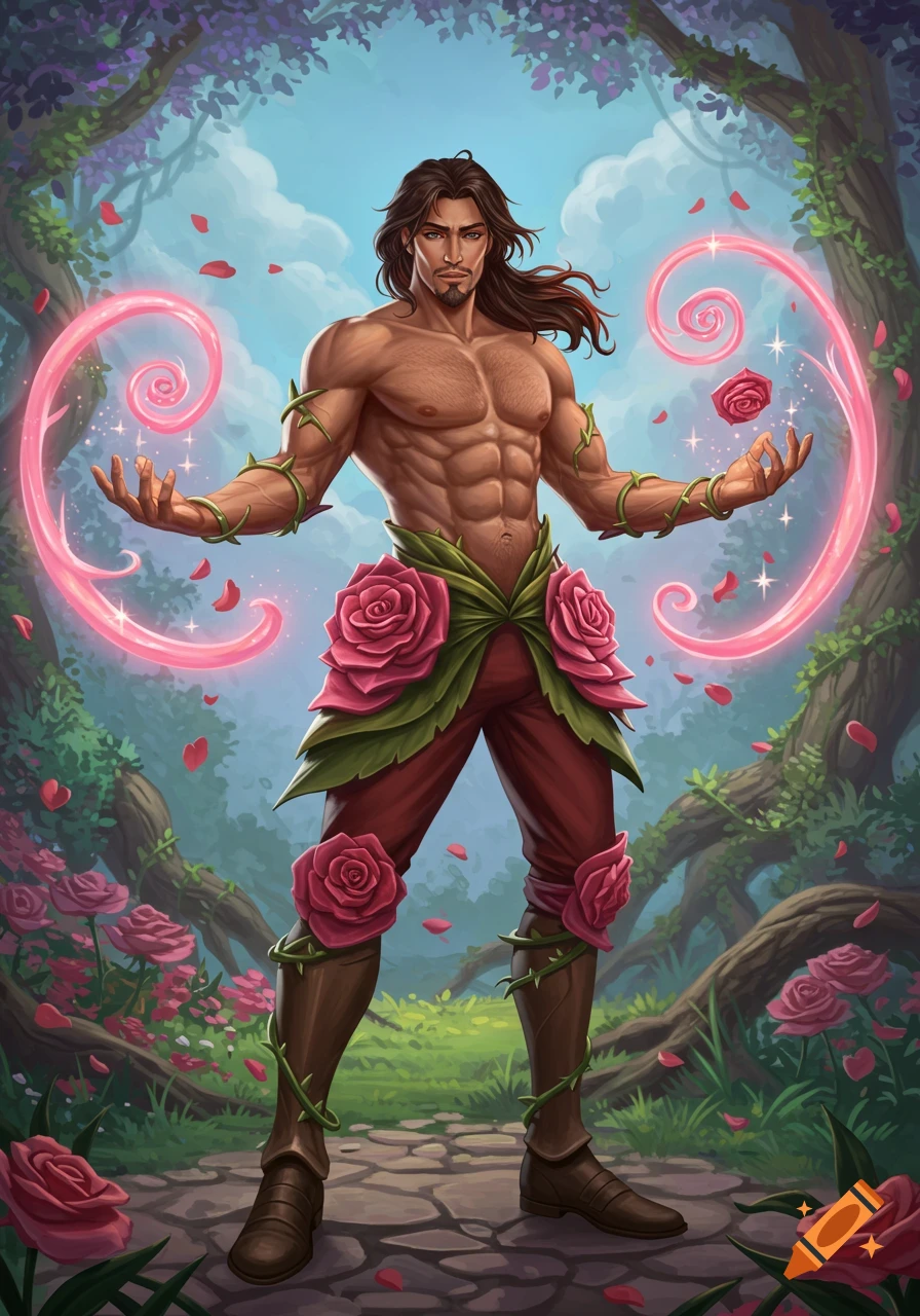 A muscular man with long brown hair and a goatee, wearing a rose and leaf skirt over red pants, stands in a magical forest, conjuring pink glowing energy and roses.