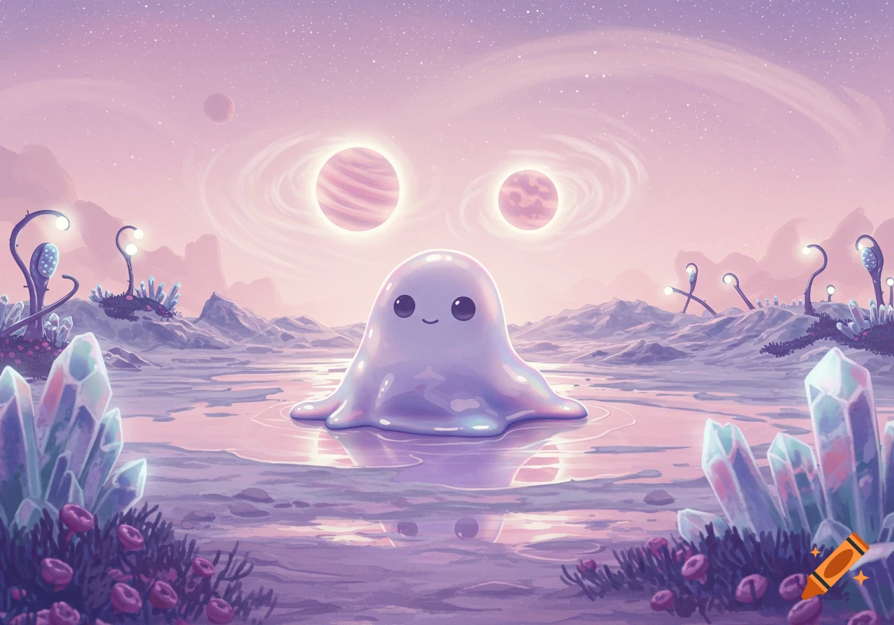 Cute purple blob alien on an alien planet with glowing flora, large crystals, and two ringed planets in the pink sky.
