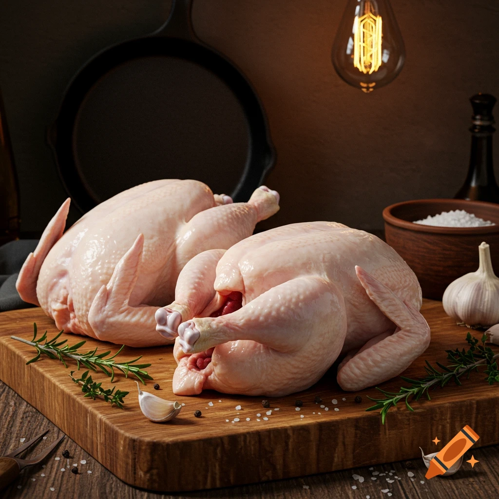 Two raw whole chickens on a wooden cutting board with rosemary, garlic, and salt, with a cast iron pan in the background.
