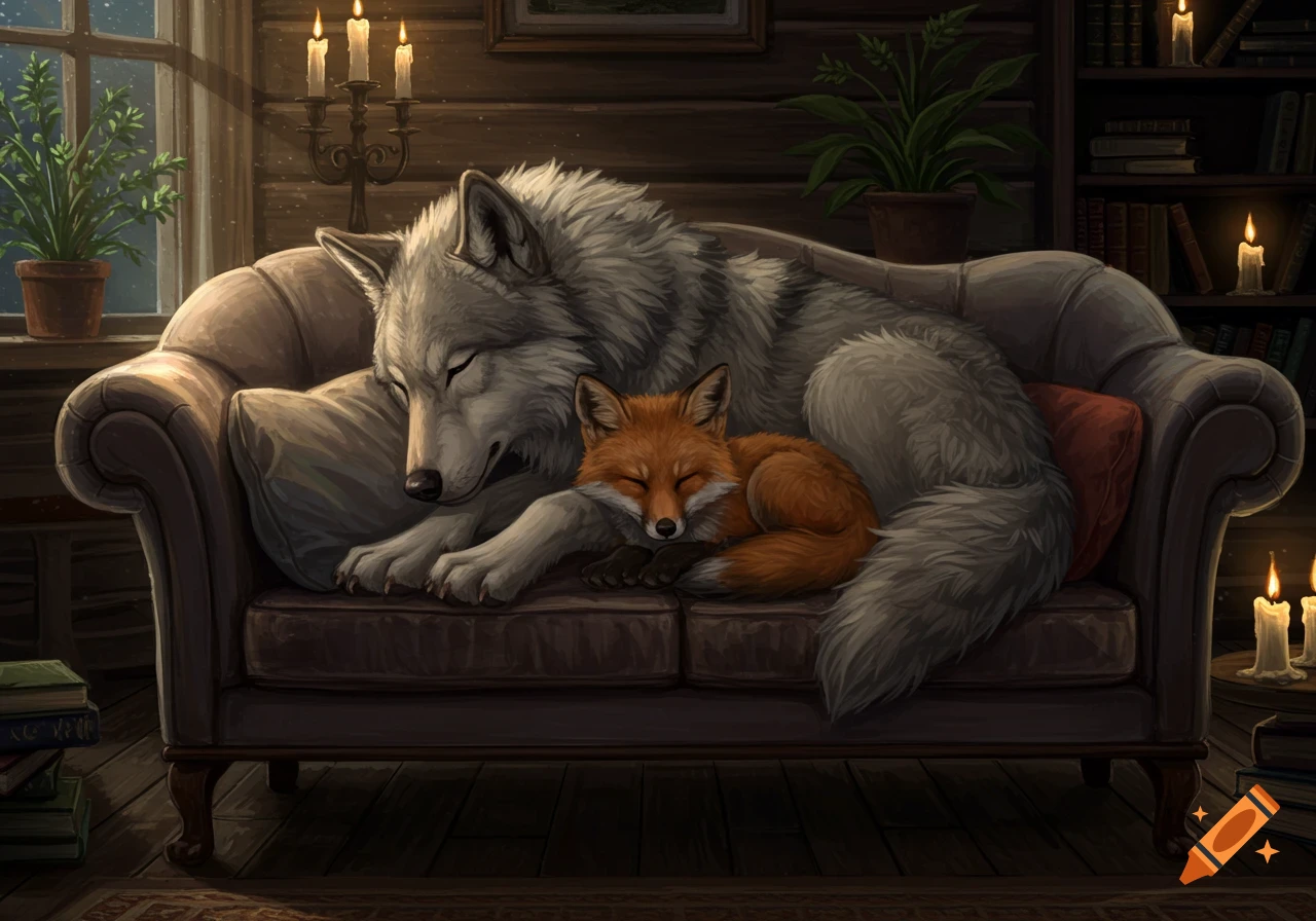 A fluffy grey wolf and a reddish-orange fox sleep snuggled together on a cozy brown sofa in a warmly lit, rustic room.