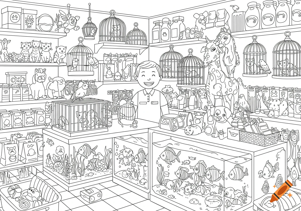 A black and white coloring page of a smiling pet shop owner behind a counter filled with various animals in cages and fish tanks.