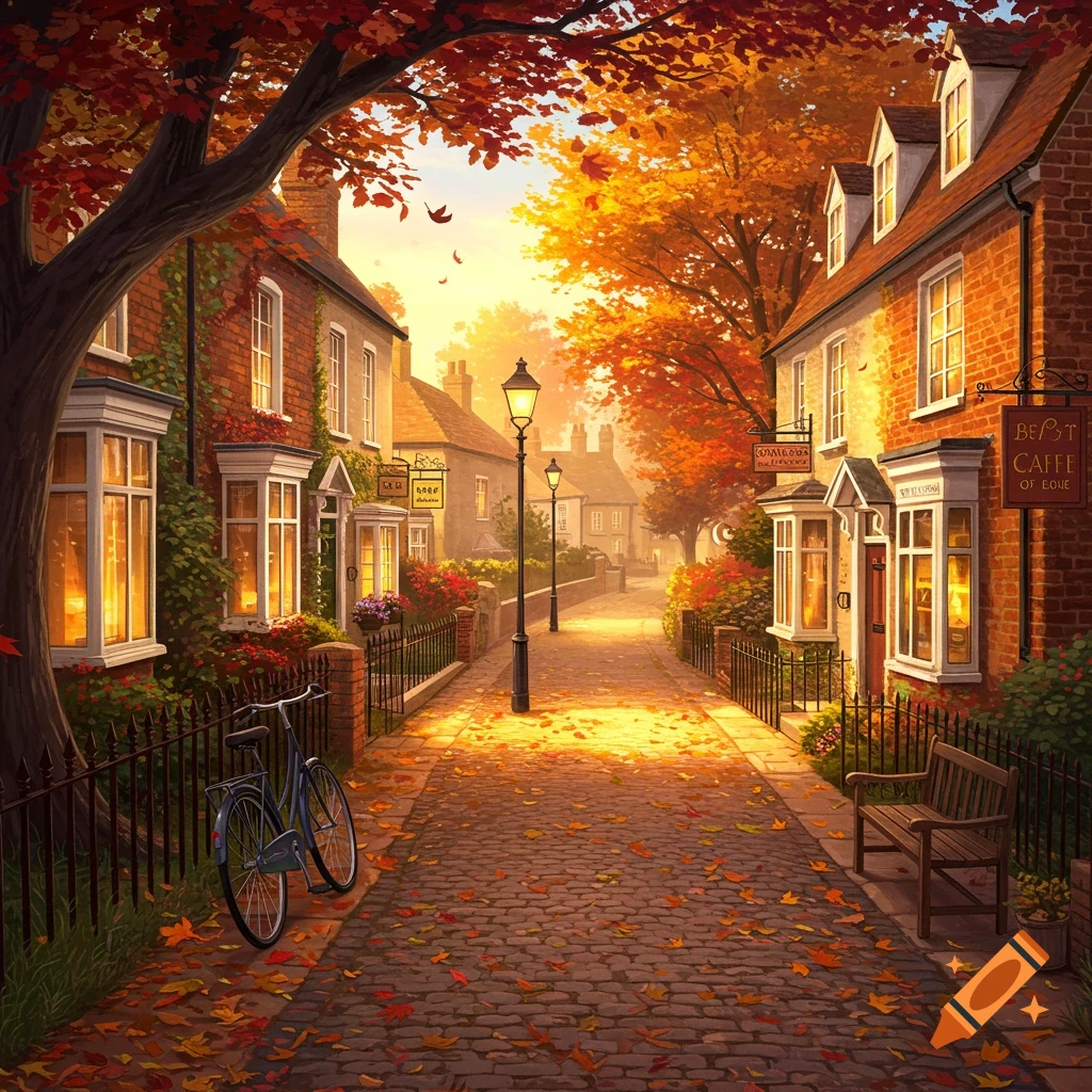 Vibrant illustration of an autumn street scene with brick buildings, colorful trees, a cobblestone path, and a bicycle.