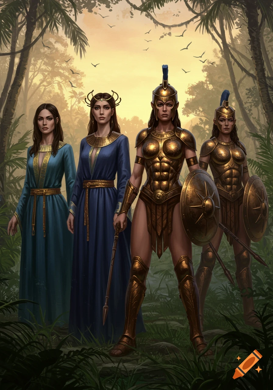 Four women, two in robes and two in golden armor with shields, stand in a lush jungle.