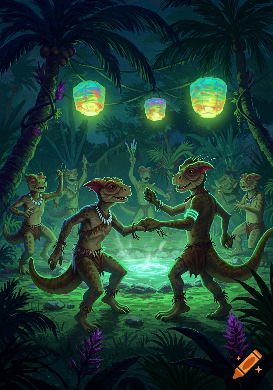 Reptilian humanoids with tribal attire dancing around a glowing pool in a dark, lush jungle lit by colorful lanterns.