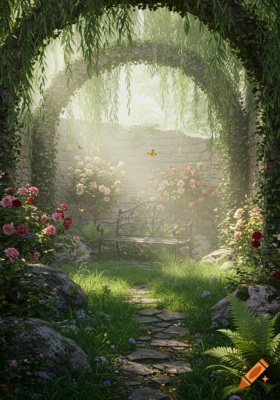 A serene, sunlit secret garden with a stone path leading through an archway covered in weeping vines, surrounded by roses and a bench.