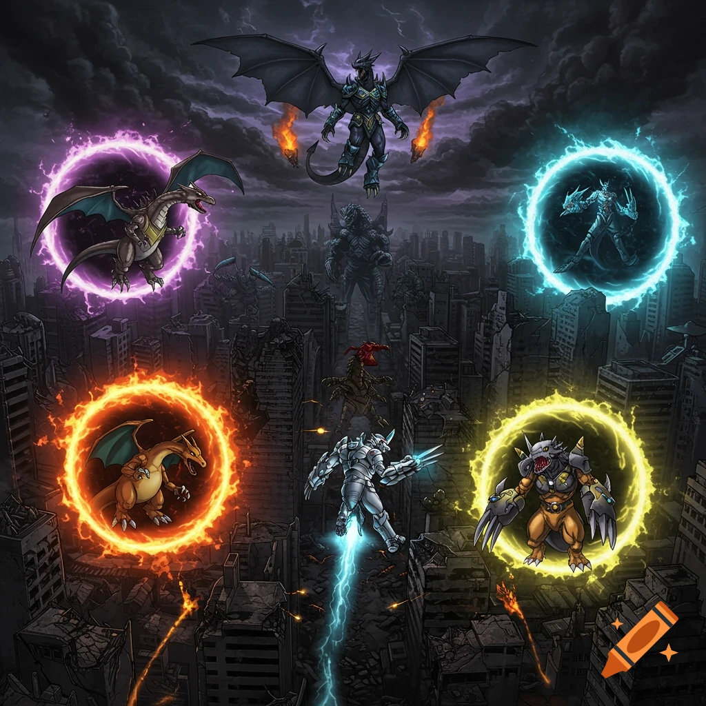 An epic, dark comic art illustration of a crossover battle. Deathwing, Charizard, WarGreymon, Dragonzord, an armored figure, and Godzilla emerge from glowing portals over a destroyed mega city.