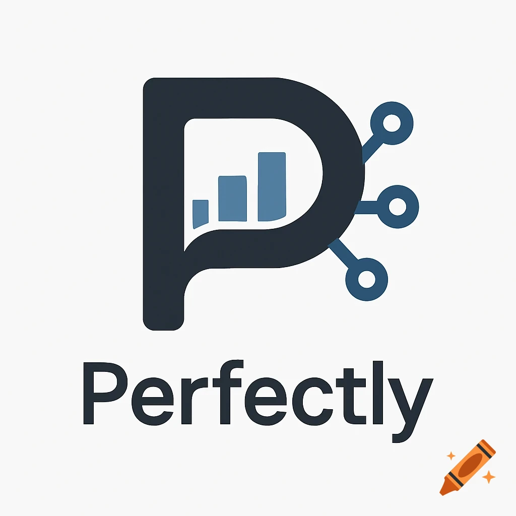 A minimalist dark blue 'P' logo with light blue bar chart inside and data connection lines on the right, above the word 'Perfectly'.