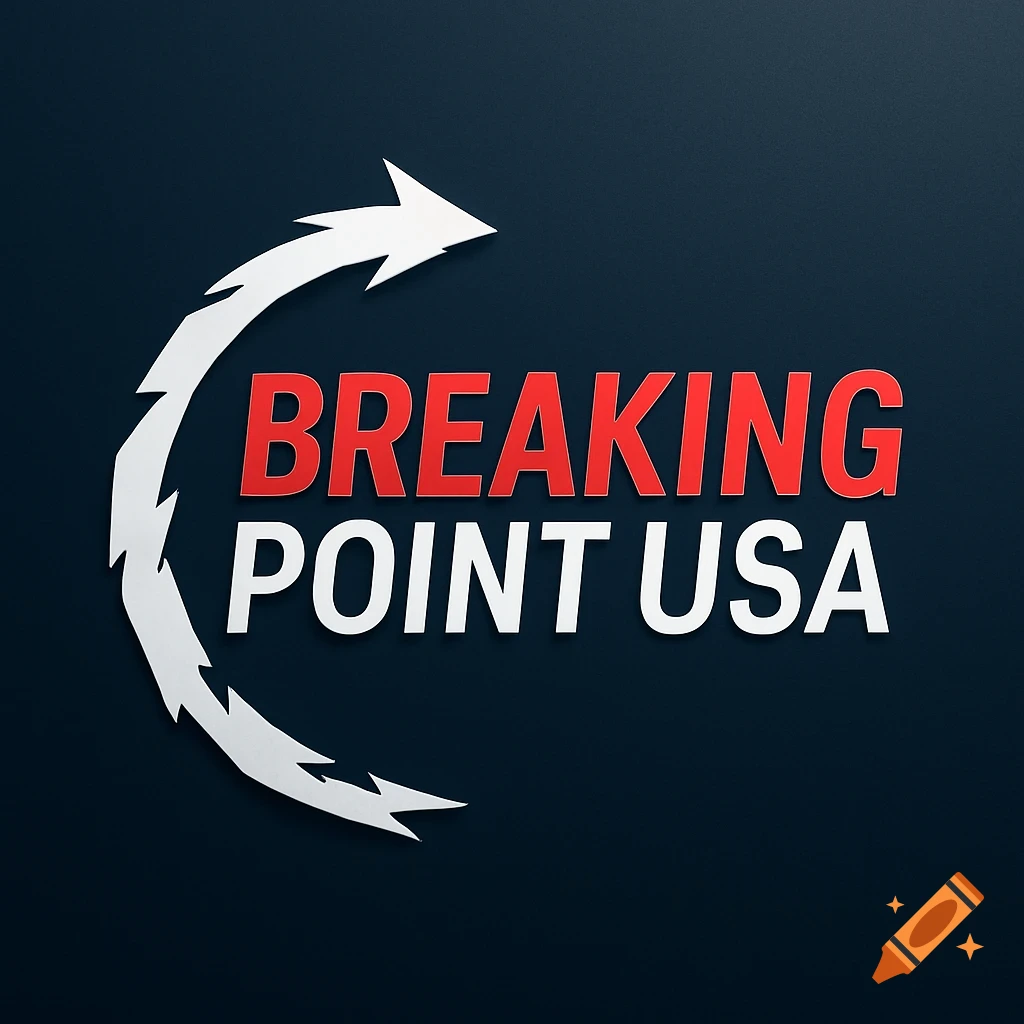 A logo featuring the words 'BREAKING POINT USA' in red and white, framed by a jagged white arrow on a dark blue background.
