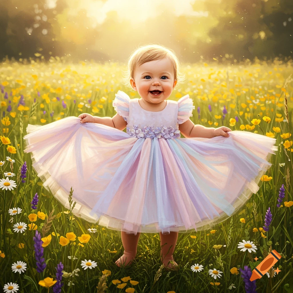 Happy baby in a pastel dress standing in a sunlit meadow of yellow and purple flowers.