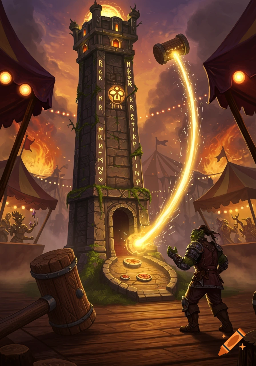 An orc plays a magical Hi-Striker game at a fantasy carnival with a tall, rune-covered tower.
