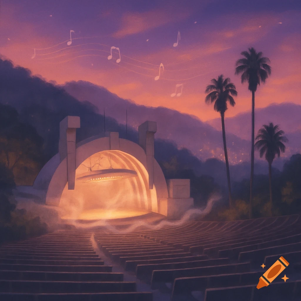 A stylized illustration of an empty outdoor amphitheater, resembling the Hollywood Bowl, at sunset with palm trees and musical notes.