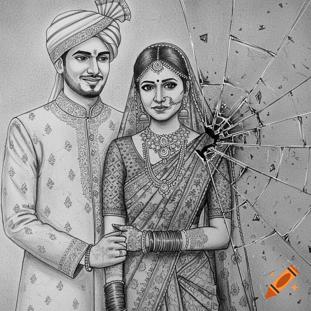 Pencil sketch of a South Asian wedding couple, with the right side of the image shattering like broken glass.