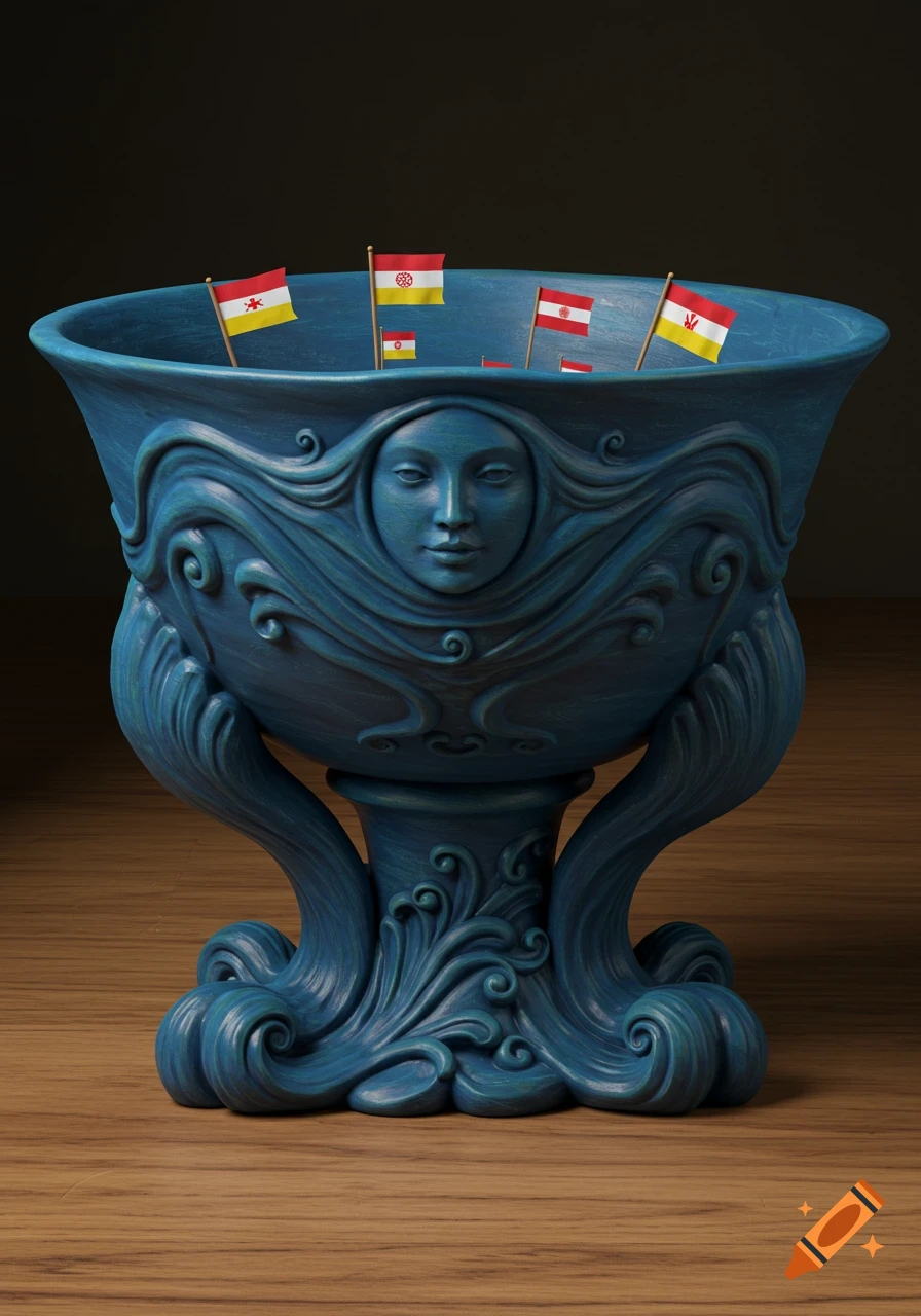 An ornate teal-blue bowl featuring a carved face and wave patterns, holding small flags, on a wooden surface.