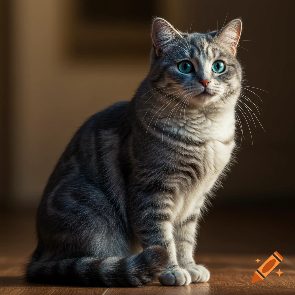 A grey tabby cat with vibrant blue eyes sits on a wooden floor, lit by soft natural light.