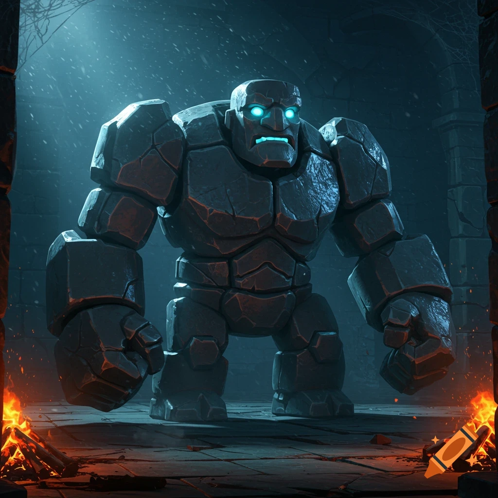A large, dark stone golem with glowing blue eyes stands in a dimly lit dungeon, surrounded by small fires.