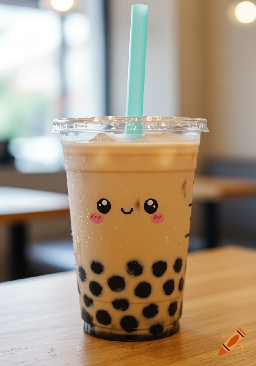 Photorealistic boba tea in a clear plastic cup with a cute emoji face, tapioca pearls, and a blue straw on a wooden table.