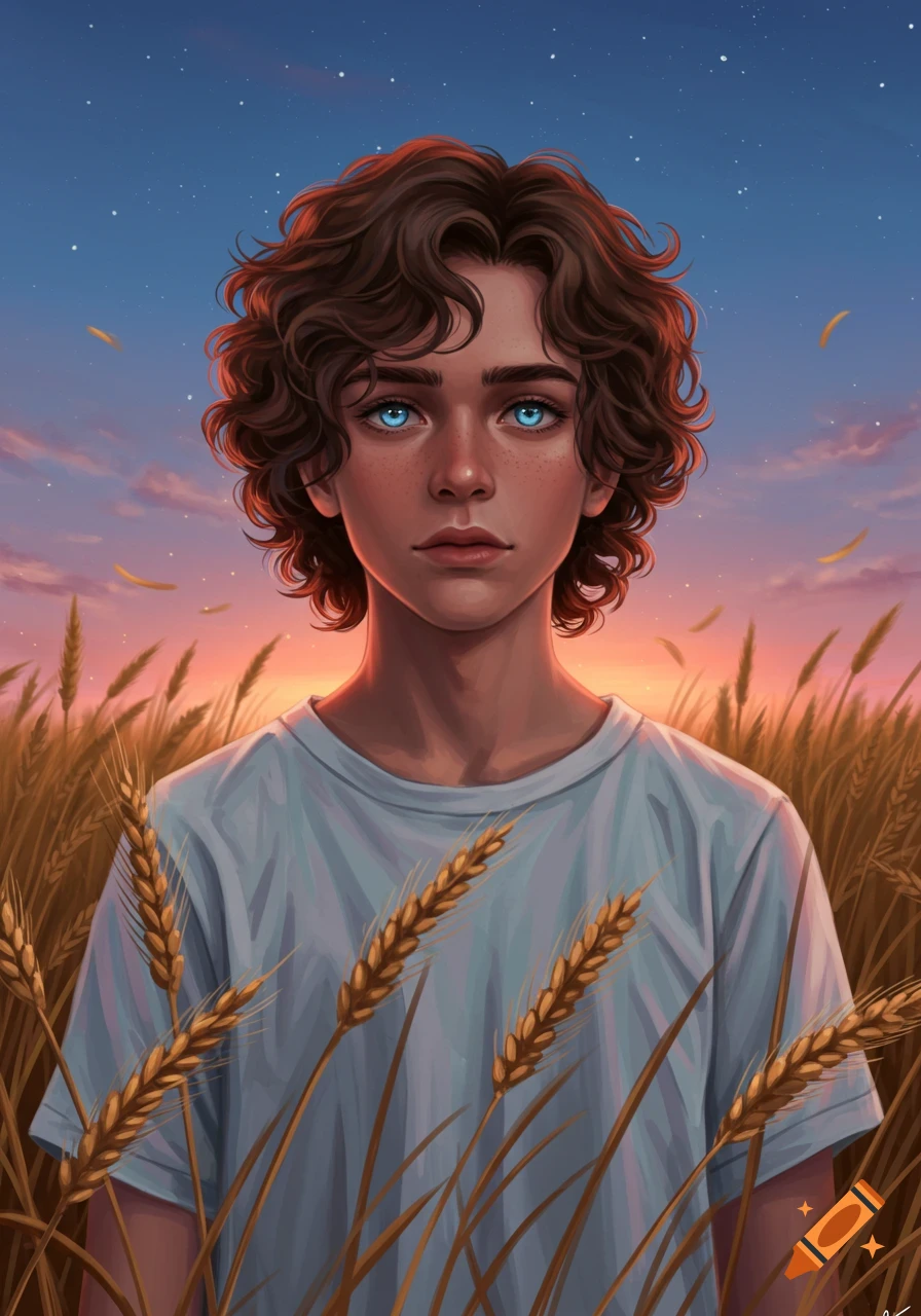 Digital painting of a teenage boy with dark brown wavy hair and striking blue eyes, standing in a wheat field at sunset.