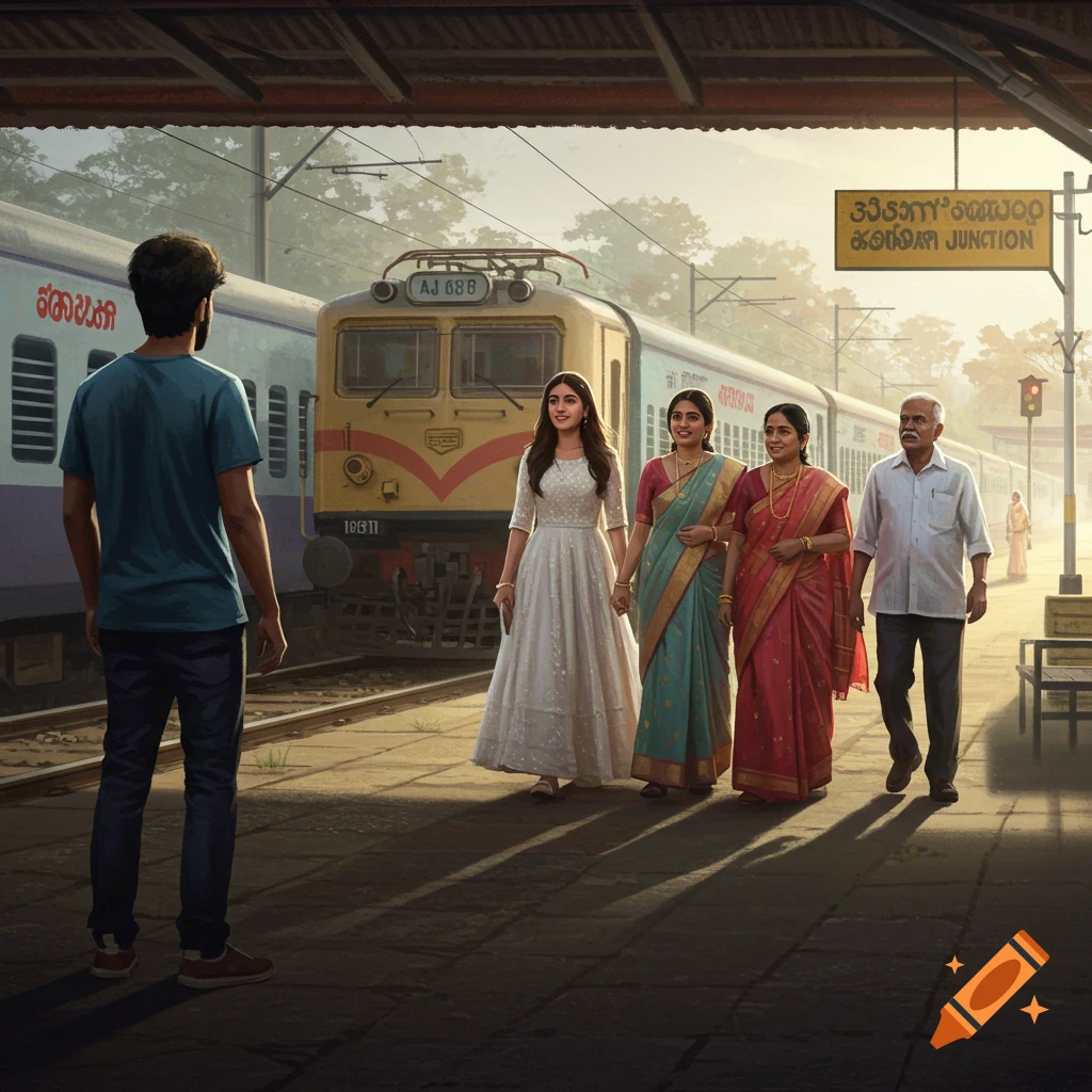 A family walks on a train platform towards a young man, with a train and a station sign in the background. Photorealistic style.