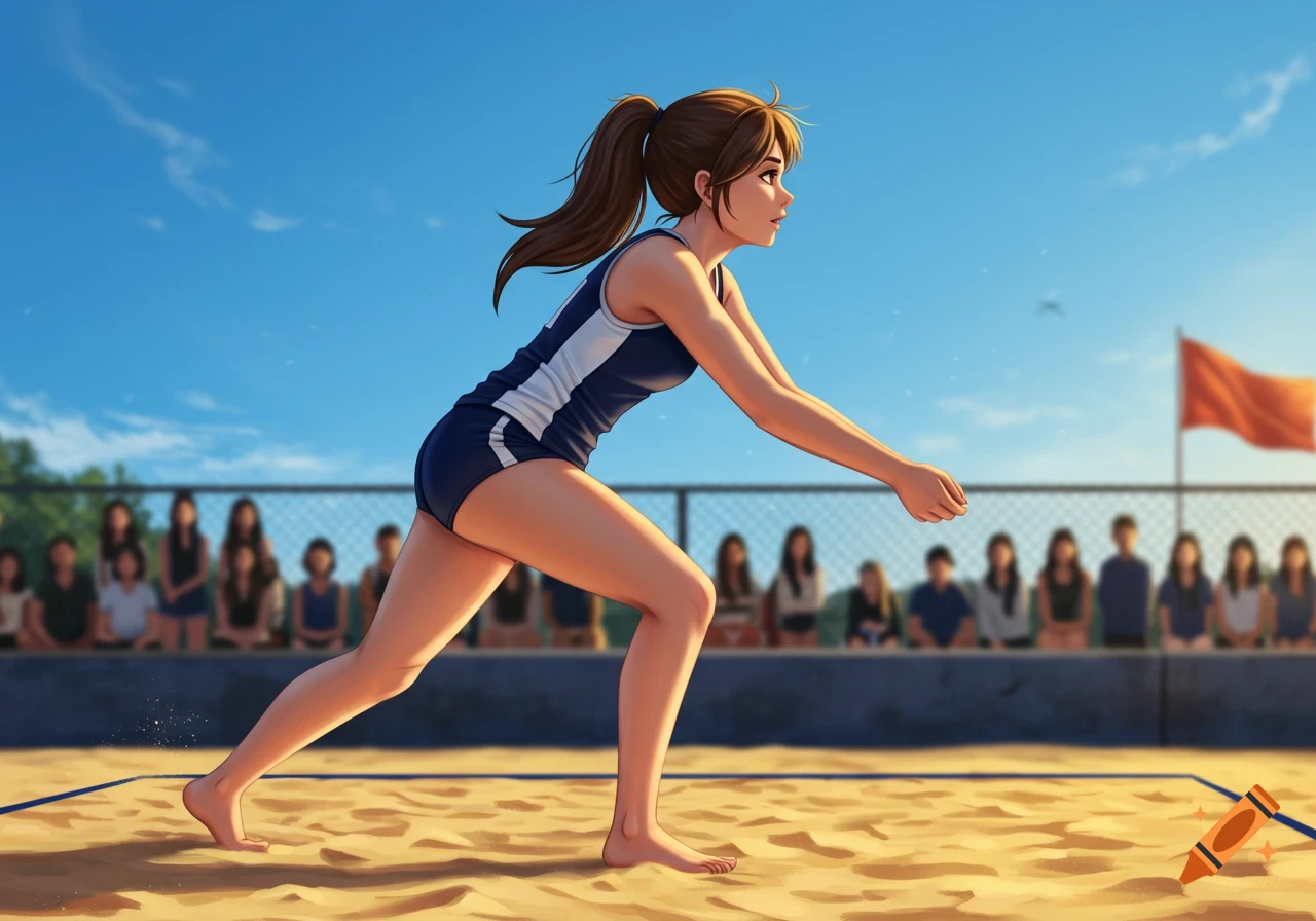 Anime-style illustration of a woman volleyball player with brown hair in a ponytail, ready on a sandy court under a blue sky.