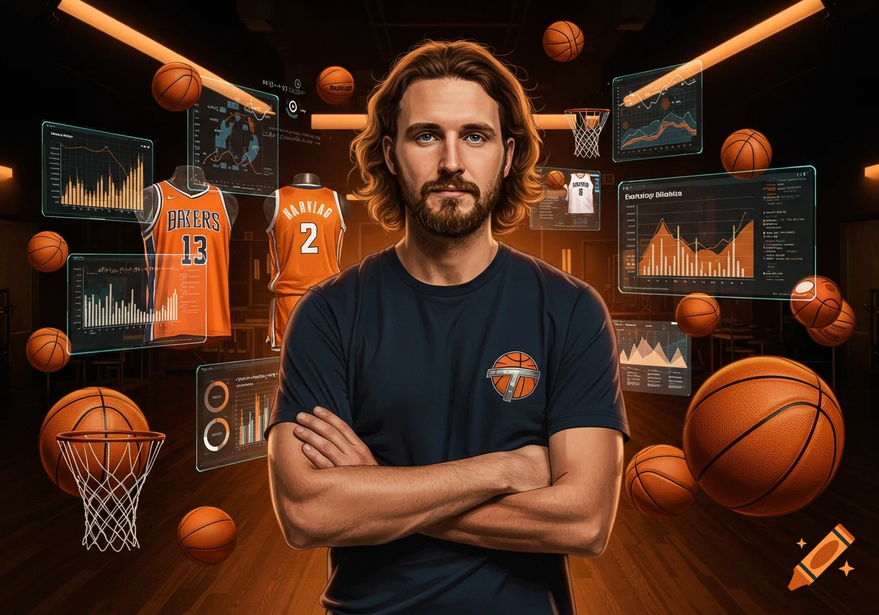 Photorealistic portrait of a man with long hair and beard, arms crossed, surrounded by floating holographic screens displaying basketball stats and jerseys.