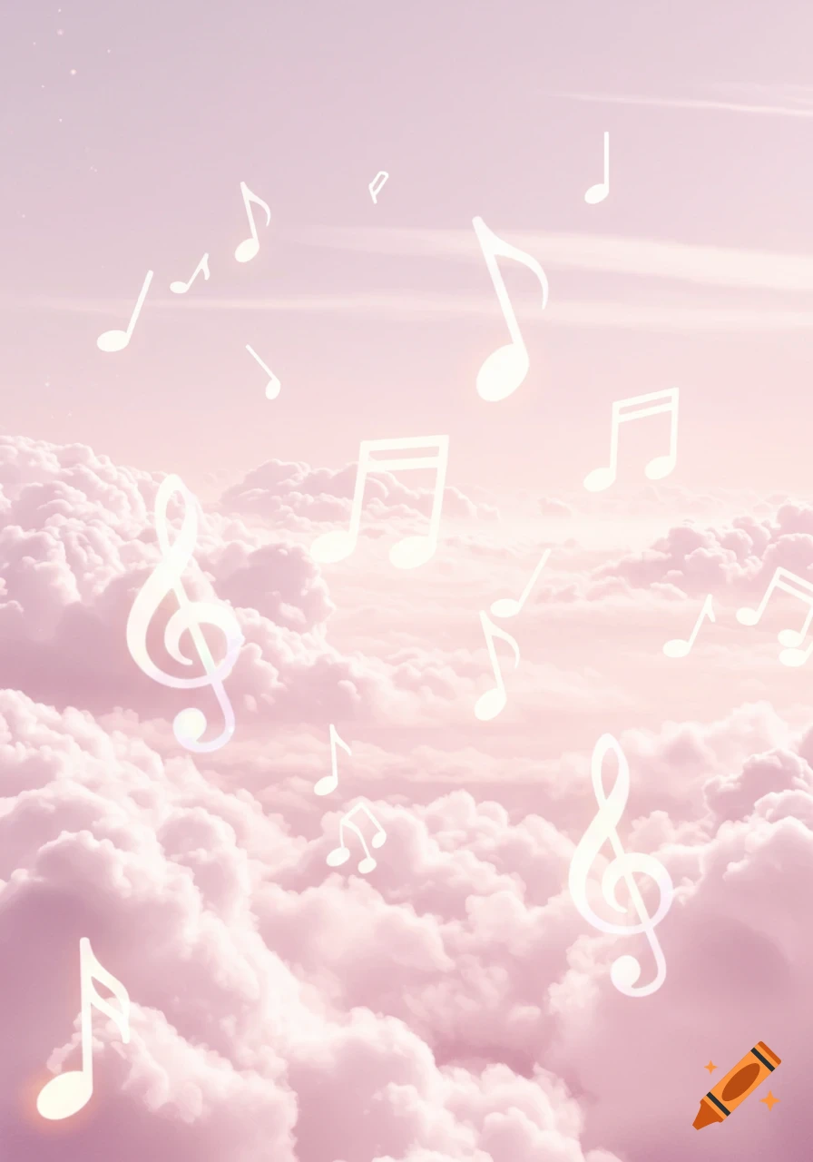 White musical notes float through a dreamy pink sky filled with soft clouds.
