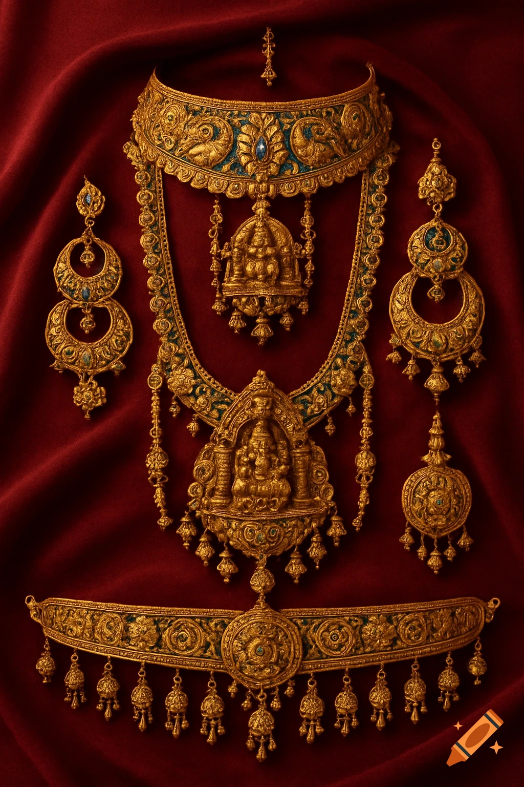 Opulent antique gold Indian bridal jewelry set with intricate peacock and lotus motifs on red velvet.