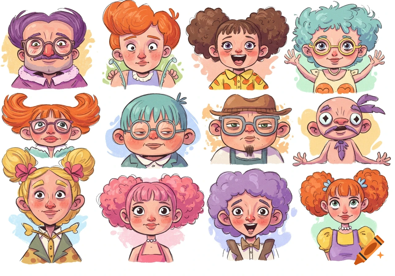 Twelve funny, stylized cartoon portraits of diverse characters with exaggerated features and colorful hair, in a whimsical illustration style.